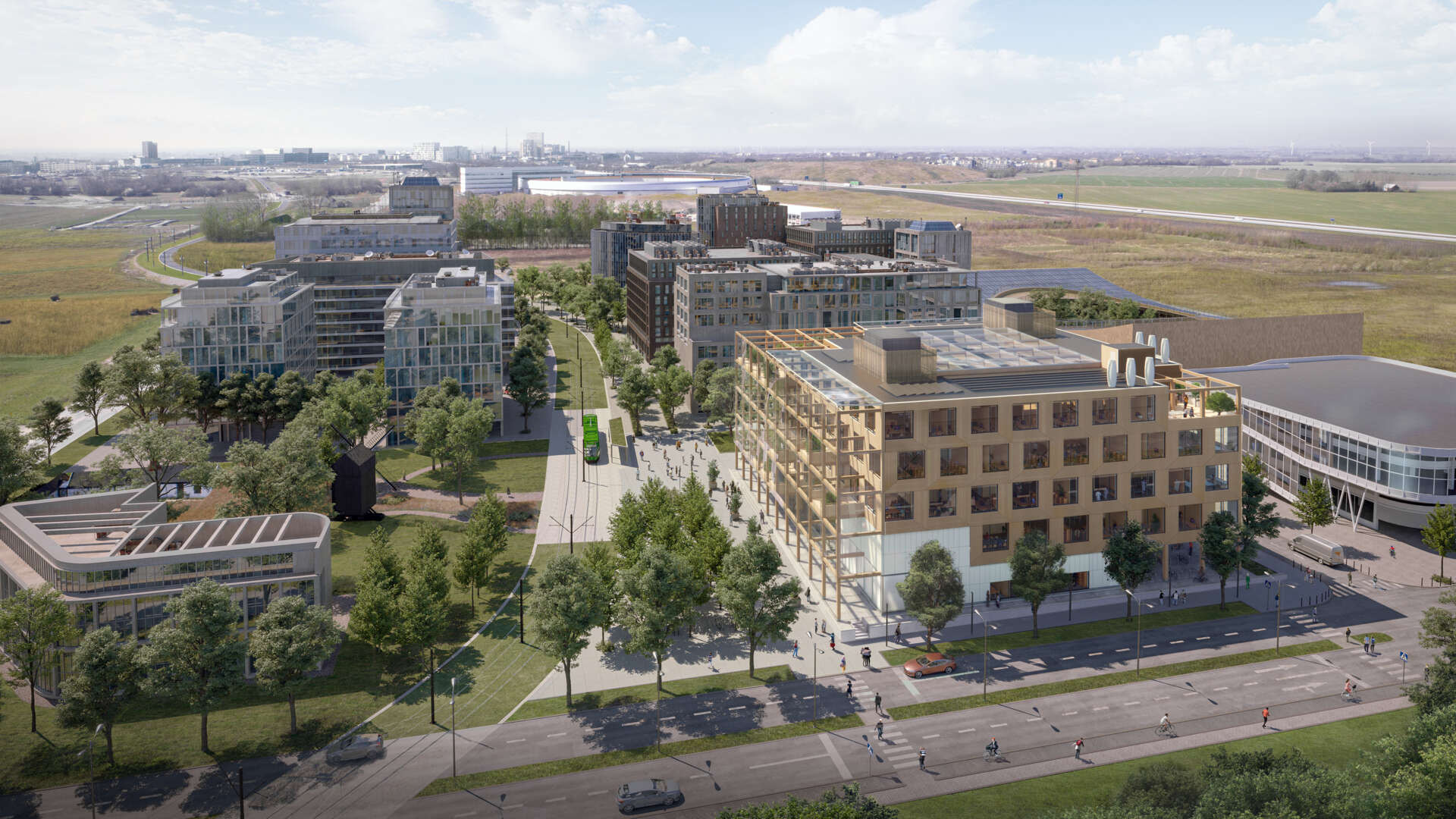 An aerial image of Science Village, with and illustration of the building Space in the forefront.